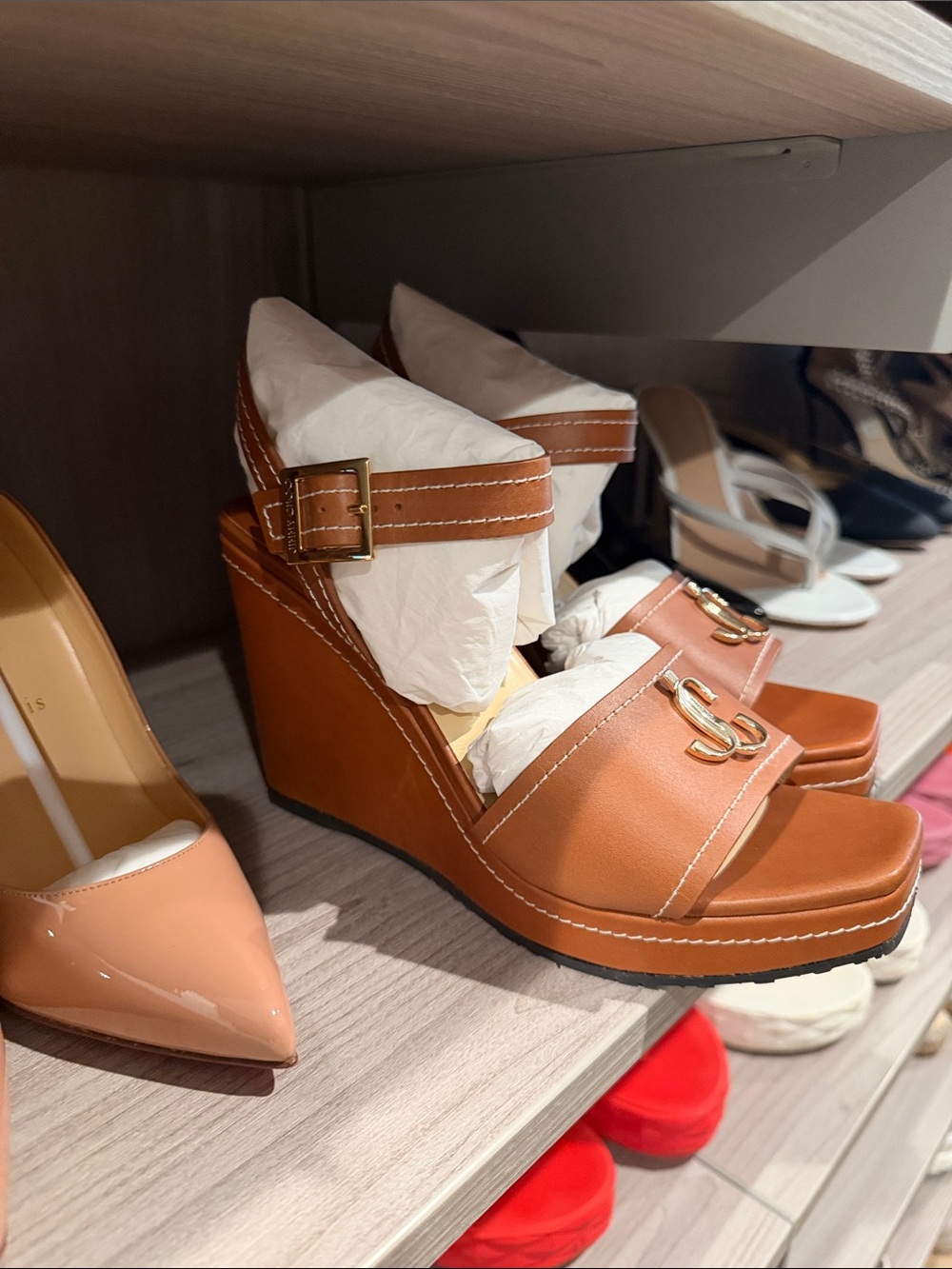 Jimmy Choo Tan Leather Wedge Sandals with Gold Hardware